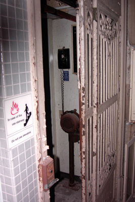 The elevator in the smaller building was beginning to show its age. No buttons to select which floor you want, just a big handle to select up or down... But the iron work makes it worth the inconvenience.